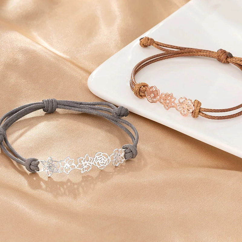 Personalized Minimalist Adjustable 1-8 Birth Flower Waxed Line Bracelet Charm Jewelry Birthday Christmas Gift for Women