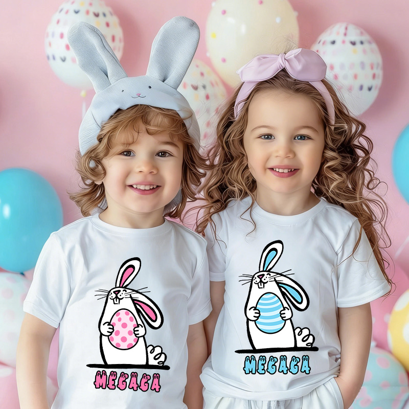Personalized Easter Bunny Kids T-Shirt – Cute Cartoon Rabbit Holding Egg Graphic Tee, Easter Gift for Girls & Boys