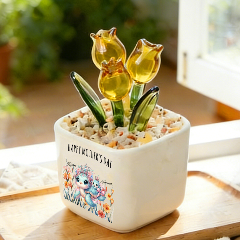 Personalized Glass Everlasting Tulips Mom Flower Gifts with Birth Month Floral Custom Hand Blown Glass Potted Mothers Day Gifts