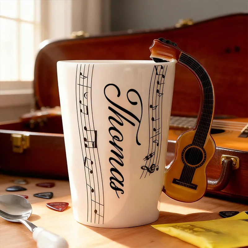 Personalized Custom Acoustic Guitar Handle Mug, Personalized Name Ceramic Coffee Cup with Musical Notes, Folk Music Lover Gift