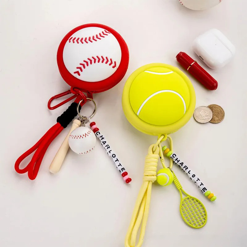 Personalized name keychain with beads, tennis ball charms, racket and ball charms, waterproof silicone storage pouch for headphones, gift for tennis lovers