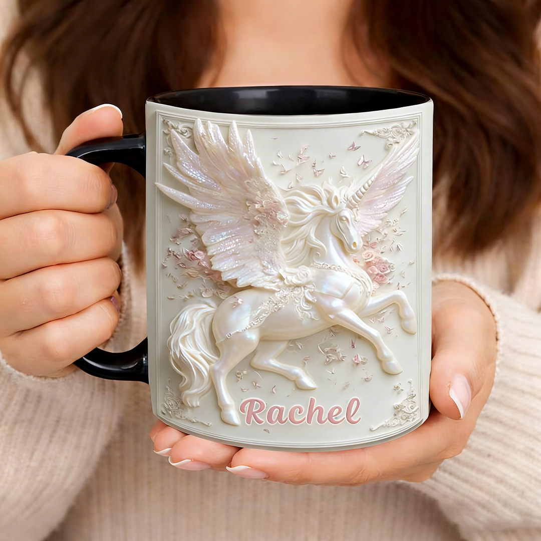 Personalized Horse Shell Pearl Pegasus Angel Mug Ceramic 3D Graphic Patterns Cup Gift for Horse Riding Equestrian Lovers
