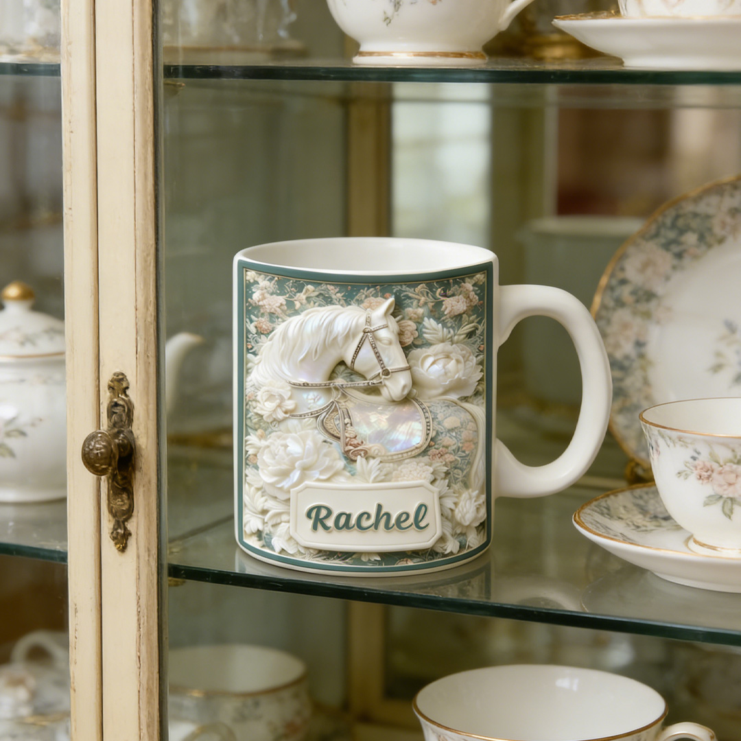 Personalized Horse Shell Pearl Floral Mug Ceramic 3D Graphic Patterns Cup Gift for Horse Riding Equestrian Lovers