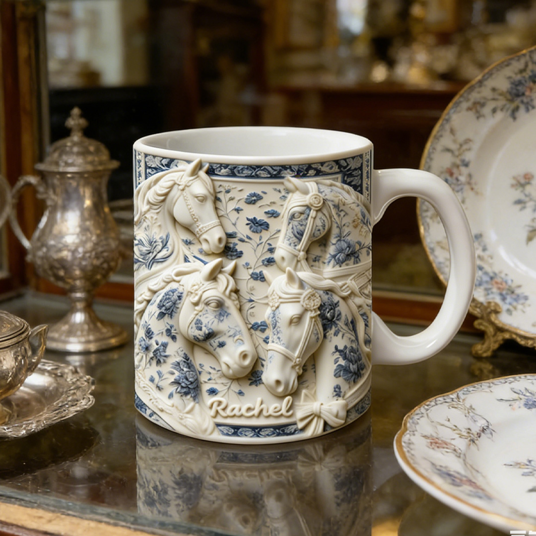 Personalized Horse Mug Ceramic Blue and White Porcelain Vintage Chinese Wares 3D Graphic Patterns Cup Gift for Horse Riding Equestrian Lovers