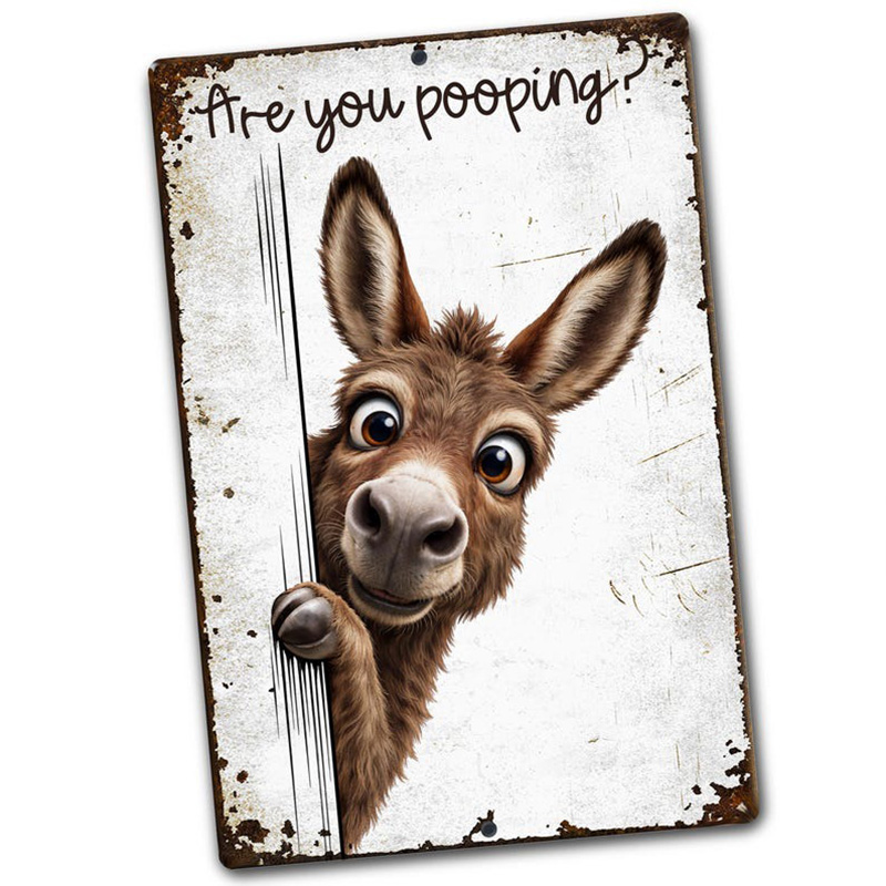 Are You Pooping Donkey Sign, Funny Farm Animal Decor, Peeking Donkey Rustic Metal Sign, Farmhouse Bathroom Humor Wall Art