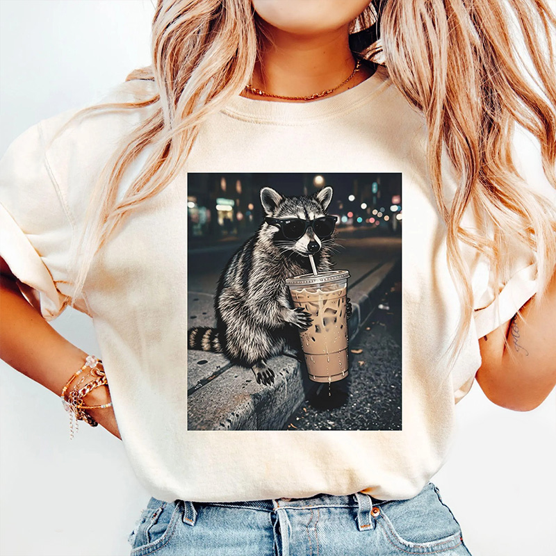 Raccoon Drinking Iced Coffee Shirt, Funny Animal Meme Tee, Coffee Lover Raccoon T-tshirt