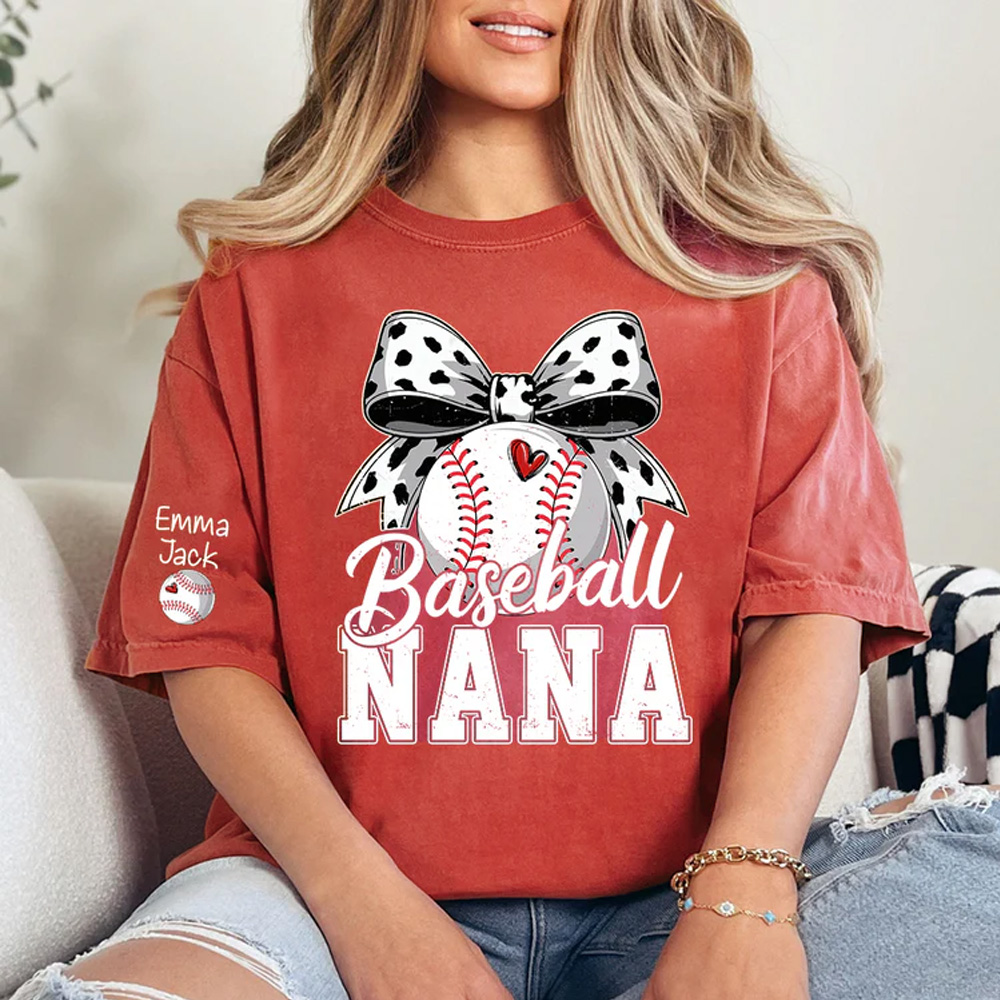 Personalized Baseball Nana Shirt – Custom Grandma T‑Shirt with Bow and Name, Gift for Proud Baseball Grandma