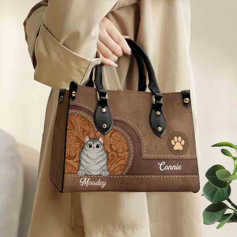 Personalized Cat Lover Floral Embossing and Paw Print Accent Tote Bag