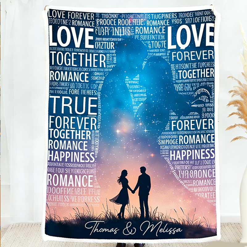 Personalized Couple Cloud Word Starry Sky Silhouette Blanket Valentine's Day Gift for Couple Cloud Word Blanket Love Story Blanket For Her