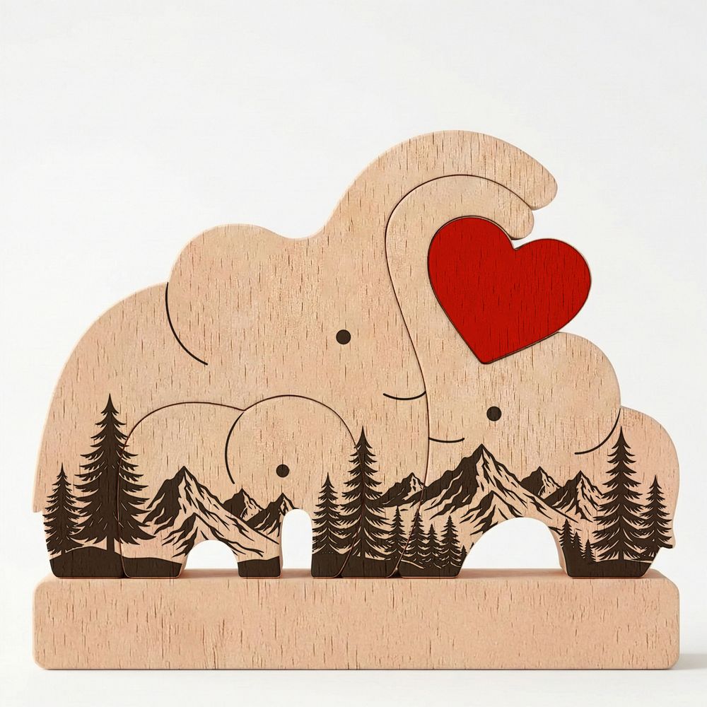 Personalized Custom Engraved Family Name Gift Home Decor Anniversary Present Love Keepsake Elephant Family Wooden Puzzle