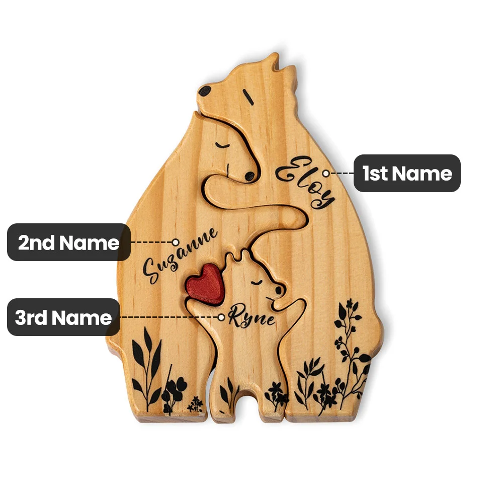 Personalized Wooden Bear Family Puzzle with 2-6 Names and Red Heart Desk Decoration Birthday Mother's Day Gift for Family