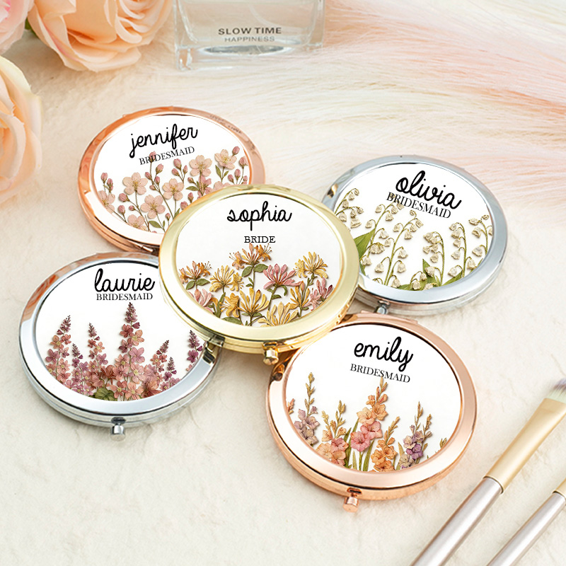 Personalized Bridesmaid Compact Mirror Dried Pressed Birth Floral Compact Mirror Custom Bride Name Compact Mirror Bachelorette Party Mirror Bridal Shower Gift for Her
