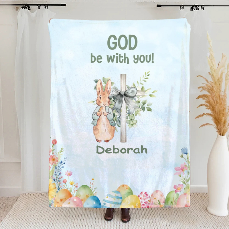 Personalized God Be with You Floral Easter Eggs Bow Cross Rabbit Soft Throw Blanket with Name Home Decor Easter Gift for Christians
