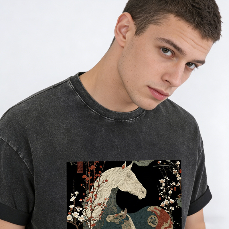 Japanese Ukiyo Horses Washed T-Shirts Gift Shirt for Riding Equestrain Lovers