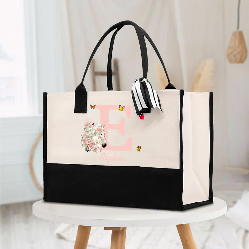 Personalized Birth Flower Bouquet Horse Large Canvas Tote Bag with Name and Initial Birthday Anniversary Gift for Equestrain Lovers