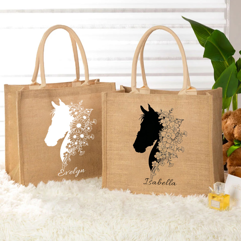Personalized Birth Flower Horse Burlap Reuseable Jute Tote Bag with Name Birthday Gift for Riding Equestrian Lovers