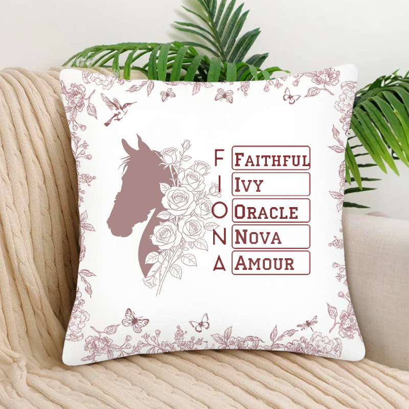 Personalized Toile De Jouy Horse Birth Flower Soft Throw Pillow Cover with Name Home Decor Birthday Gift for Equestrain Lovers