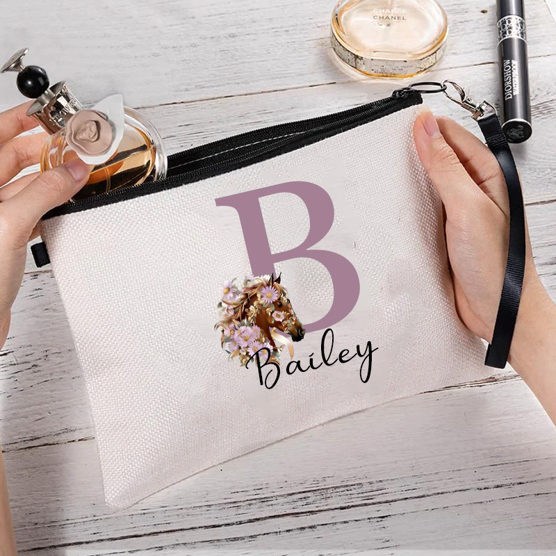 Personalized Birth Flower Horse Makeup Bag Cosmetic Bag Horse Lover Gift Linen Zipper Pouch for Equestrian Lovers