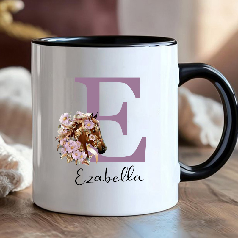 Personalized Birth Flower Horse Mug Ceramic Cup Gift for Horse Riding Equestrian Lovers