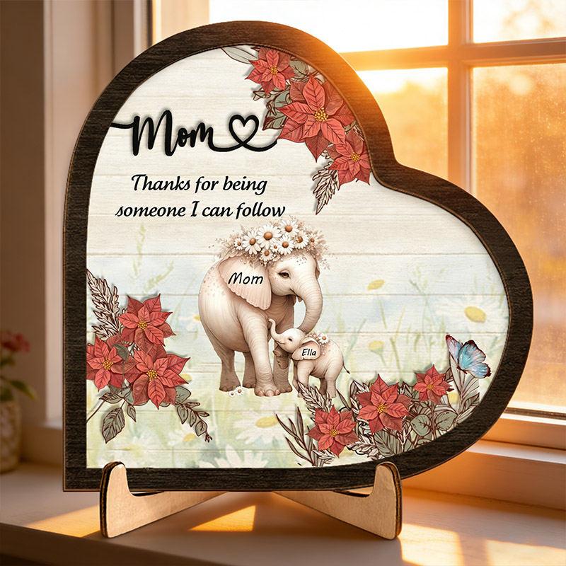 Personalized Thanks For Being Someone I Can Follow Birth Flower Sign Mom Elephant with Little Kids Wooden Plaque Gift for Mom Grandma Mother's Day