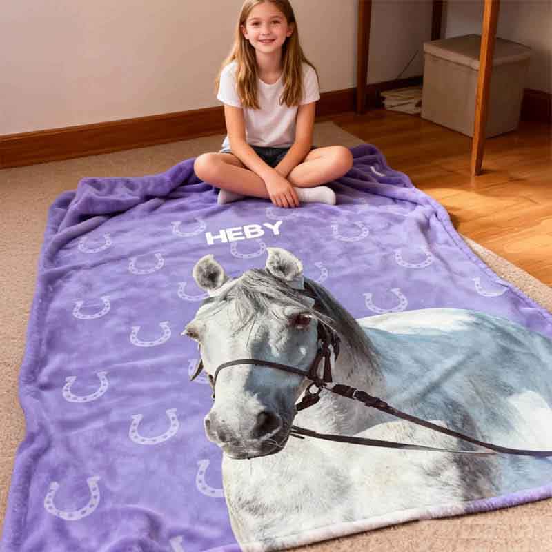 Personalized Horse Lover Painted Horse Photo Horseshoe Print Multicolor Soft Throw Blanket