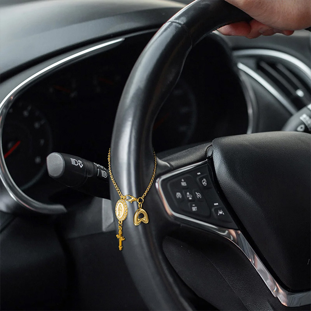 Personalized Zircon Virgin Mary & Cross Steering Wheel Rosary Charm with Bubble Initial – Car Decor, Prayer & Safety Gift for Christian Drivers