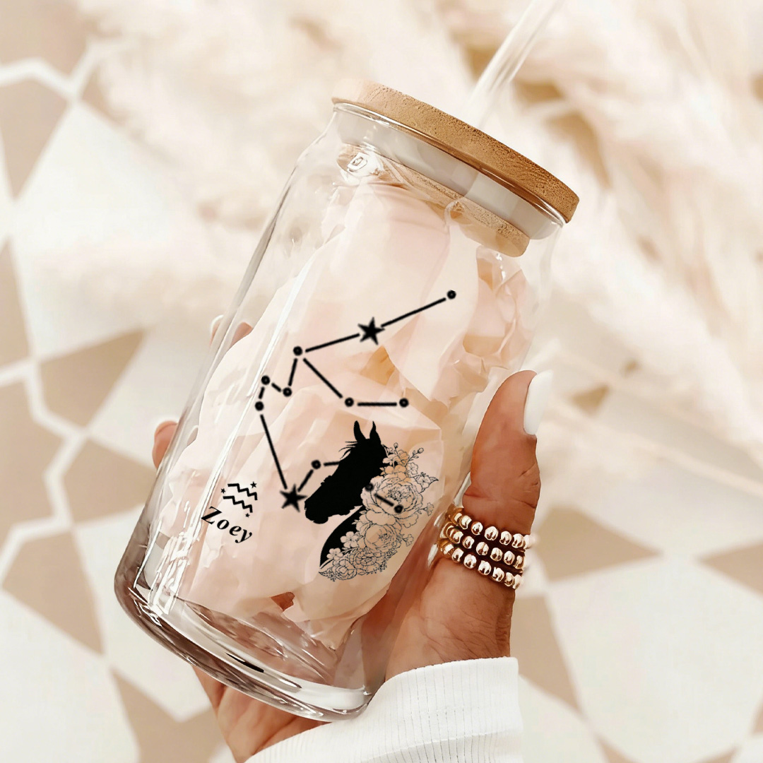 Personalized Name Zodiac and Horse Birth Flower Can Tumbler Glass with Bamboo Lids for Equestrain Lovers