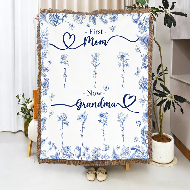 Personalized Grandma Blanket With Birthflower and Grandkids Names Woven Floral Throw Gift For Nana Gigi Mimi Custom Grandmother Mom Birthday Gift Mother's Day Gift