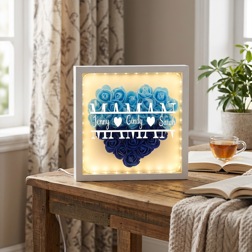 Personalized Mother’s Day Shadow Box – Custom Name Heart Rose Light Frame for Mom