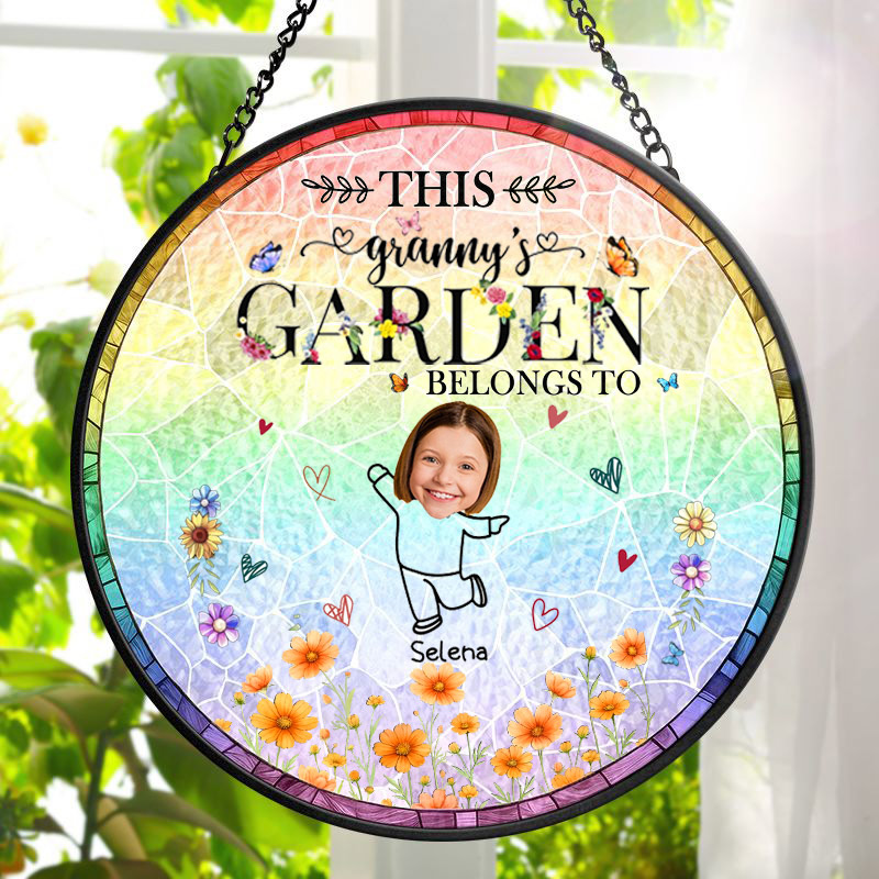 Personalized Birth Flower This Grandma's Mom's Garden Belongs Custom Stained Glass Window Hanging Suncatcher with Kids Mother's Day Gift