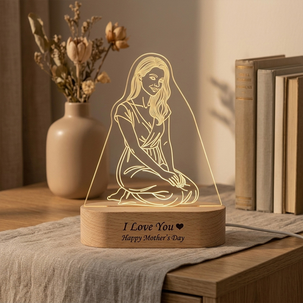Personalized Mother’s Day Lamp – Custom Engraved Wooden Base Light with Mother and Daughter Design