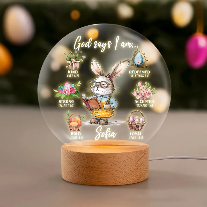 Personalized Bunny Career God Says I Am Name LED Night Light with Wooden Base Nursery Decor Birthday Easter Gift for Christian
