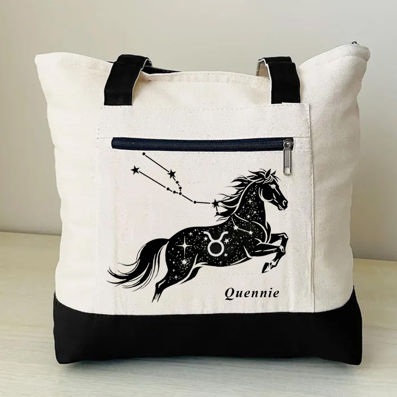 Personalized Zodiac Horoscope Horse Zippered Canvas Tote Bag with Name Essentials Birthday Gift for Equestrain Lovers