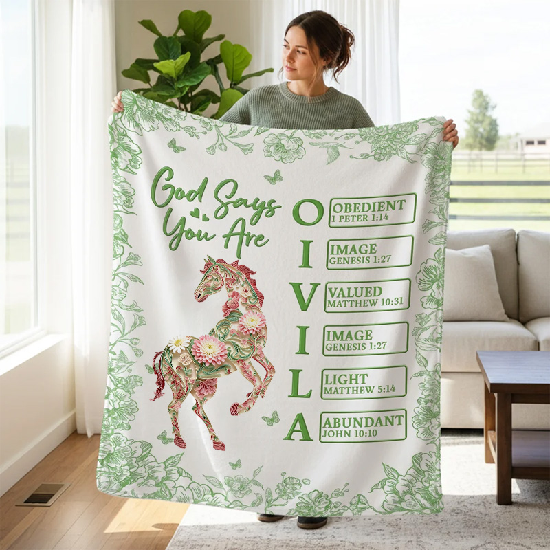 Personalized God Says I Am Horse Birth Flower Soft Throw Blanket with Name Home Use Mother Day Gift for Equestrain Lovers