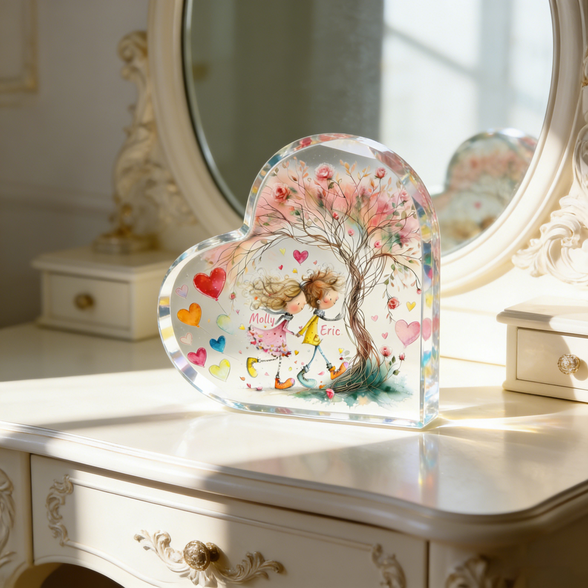 Personalized Cartoon Couple Plauqe Flower Tree Heart Shape Acrylic Plaque with Name Desk Decor Valentine's Day Gift for Couple