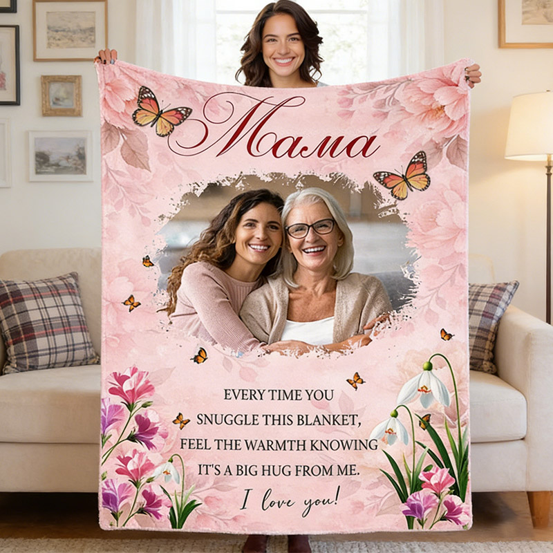 Personalized Mama Photo Blanket with Birthflower Mother's Day Gift For Mom Gigi Mimi Custom Grandmother Mom Birthday Gift 