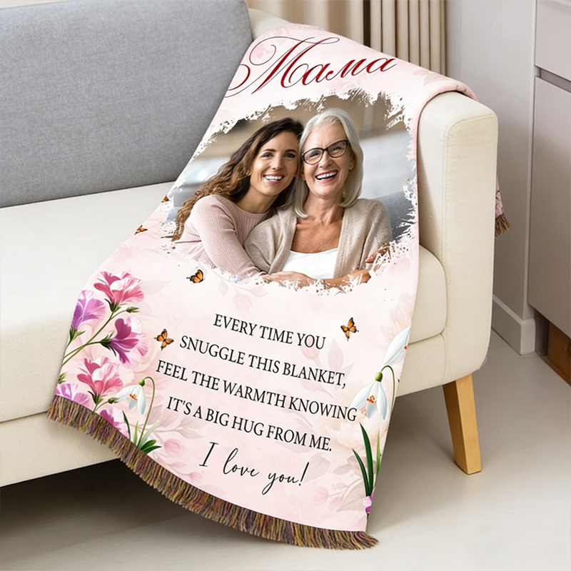 Personalized Mama Photo Blanket with Birthflower Woven Floral Throw Gift For Mom Gigi Mimi Mother's Day Gift Mom Birthday Gift