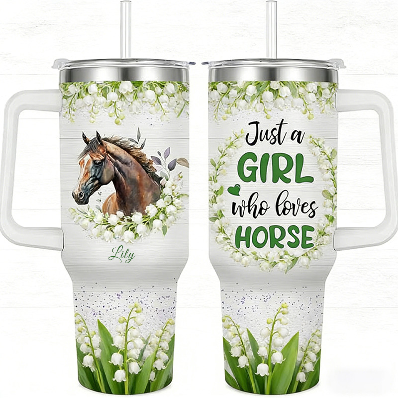 Personalized Birth Month Flower Horse Watercolor Pet Portrait Travel Tumbler Riders Gift for Equestrian Lover
