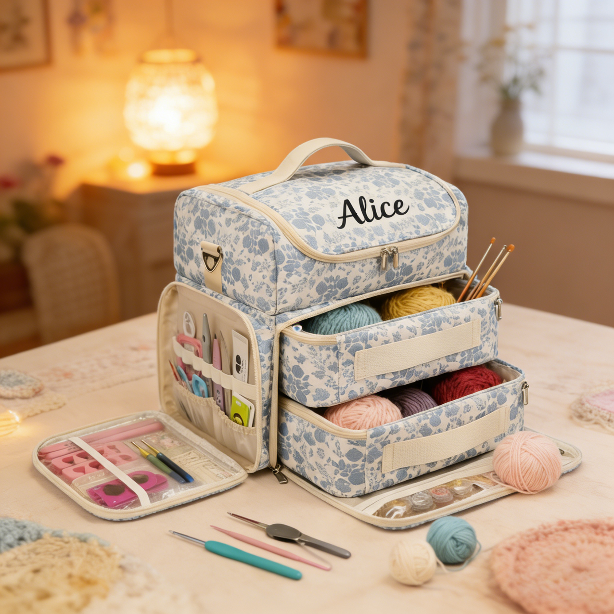 Personalized Large Capacity Floral Crochet & Knitting Bag with Multiple Compartments - Portable Yarn Storage Organizer for Craft Supplies
