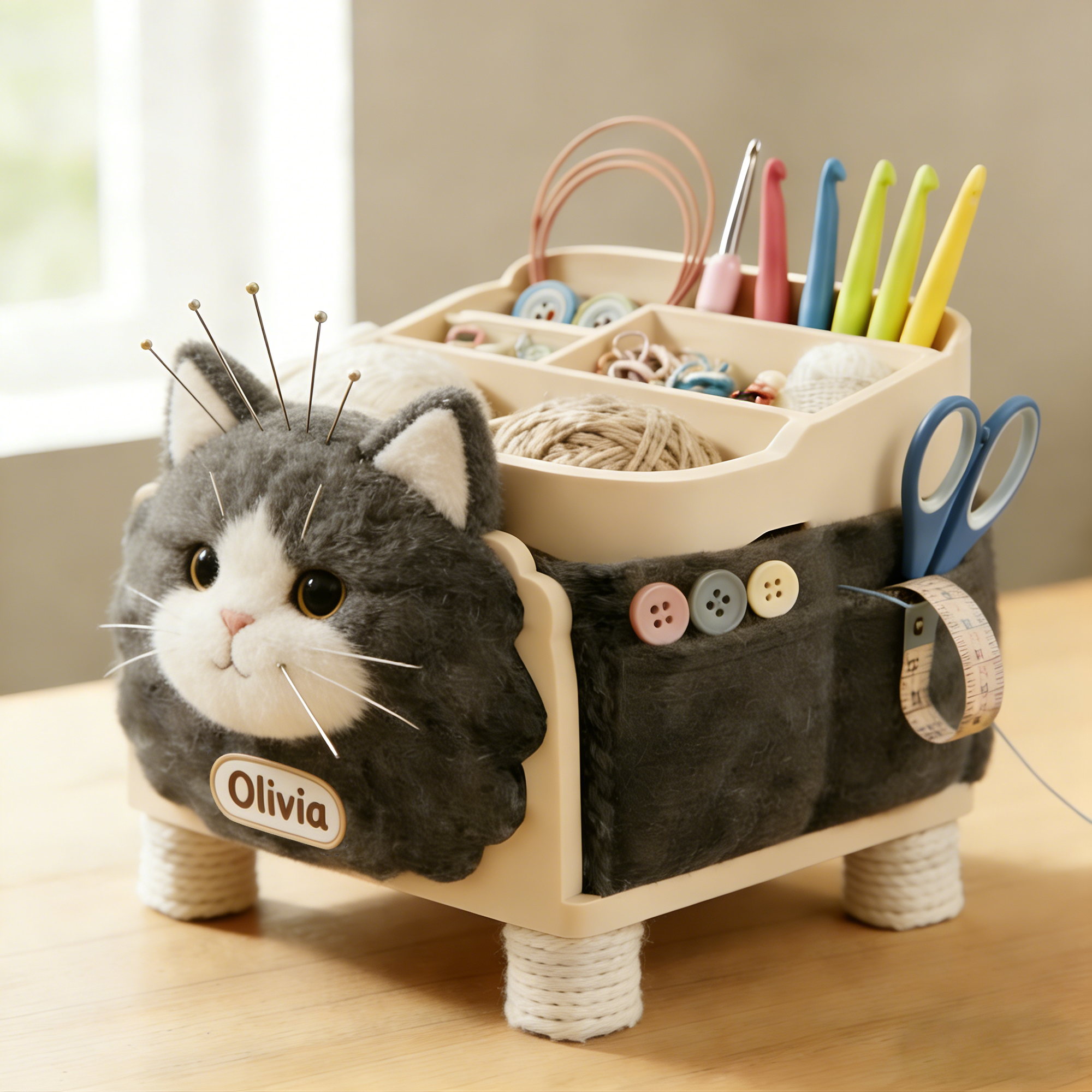 Personalized Cute Cat-Shaped Knitting & Sewing Storage Organizer – Personalized Craft Caddy with Plush Cat Design for Yarn, Needles, and Tools