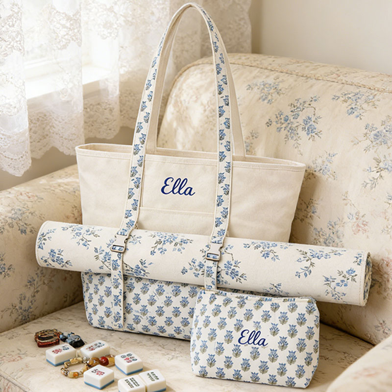 Mahjong Carry Set Personalized Embroidered Mahjong Tote Bag Canvas Carrier Cotton Pouch Block Mat Straps Custom Gift