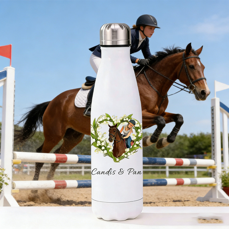 Personalized Birth Flower Heart Photo Custom Jumping Horse Insulated Bottle Pony Owners Thermal Flask Water Bottle for Equestrain Lovers