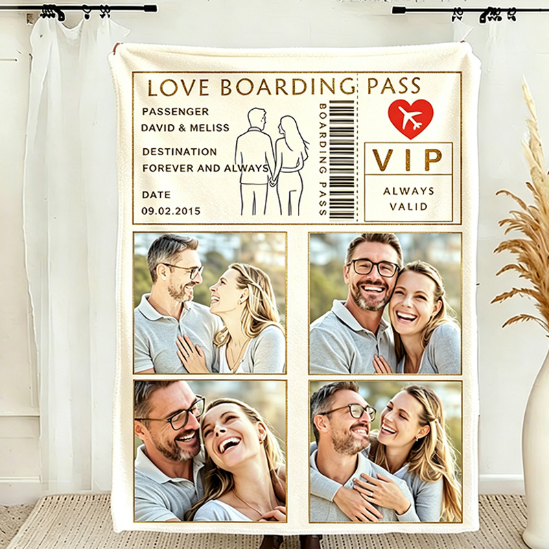 Personalized Love Boarding Pass Design Blanket for Couple Photo Blanket