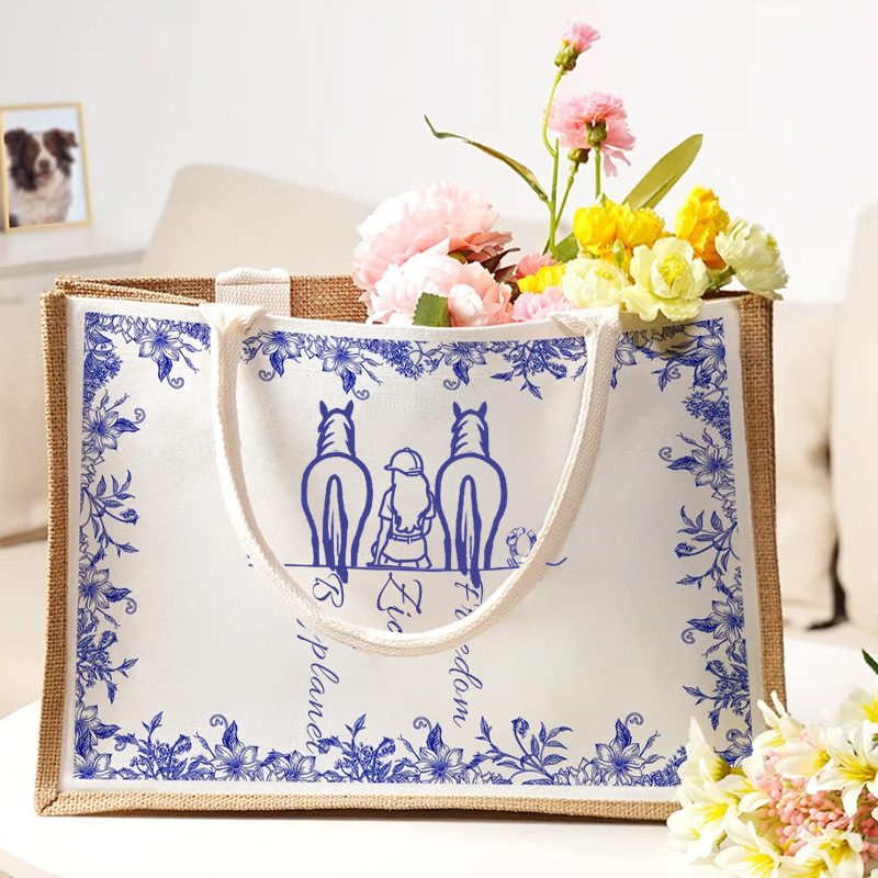 Personalized Toile De Jouy Horse Character Tote Bag Your Silhouette Always With Me Gift for Riding Equestrian Lovers