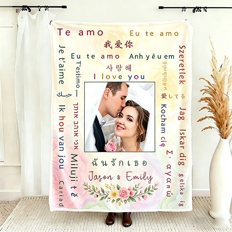 Personalized Love in Different Language Couple Blanket with Names Couple Anniversary Gift Wedding Gift for Newlyweds