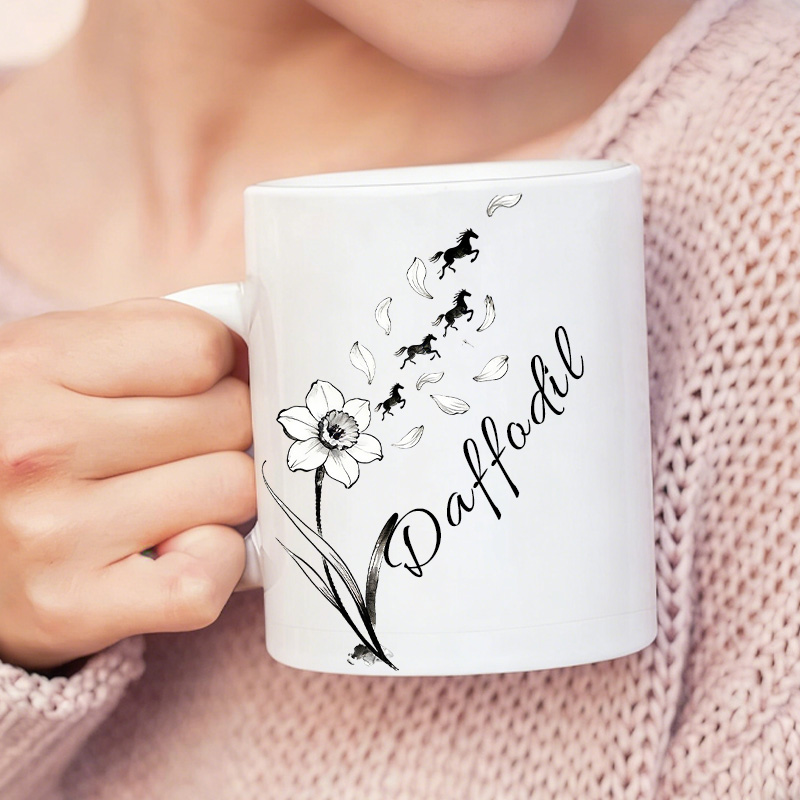 Personalized Birth Flower Horse with Flying Leaves Coffee Mug Elegant Ceramic Cup Gift for Horse Riding Equestrian Lovers