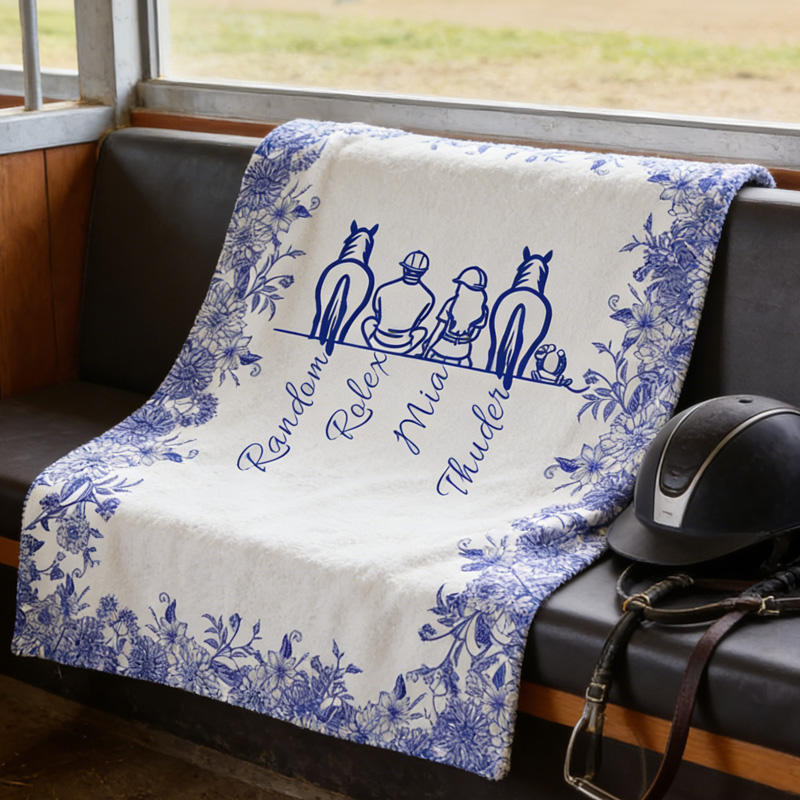 Personalized Toile De Jouy Horse Character Soft Throw Blanket Your Silhouette Always With Me Gift for Equestrain Lovers