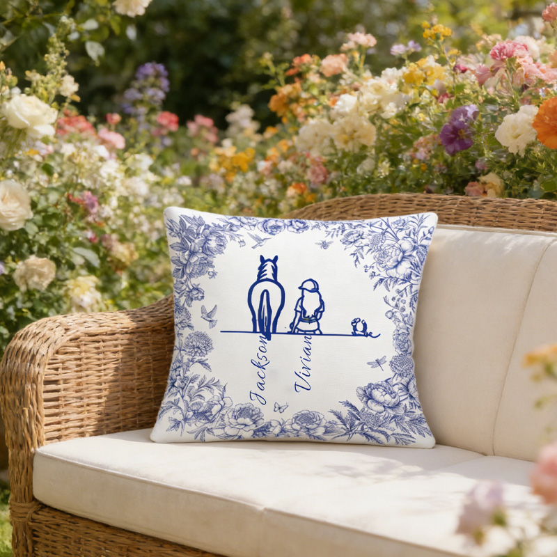 Personalized Toile De Jouy Horse Character Throw Pillow Cover Your Silhouette Always With Me Home Decor Birthday Gift for Equestrain Lovers