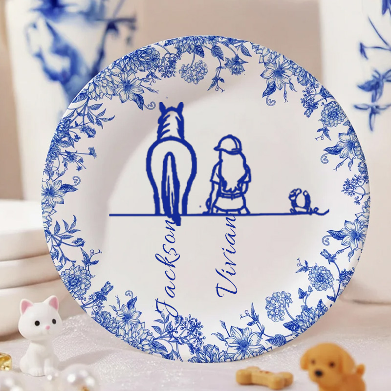 Personalized Toile De Jouy Ceramic Trinket Jewelry Dish with Name Memorial Birthday Gift for Equestrain Lovers