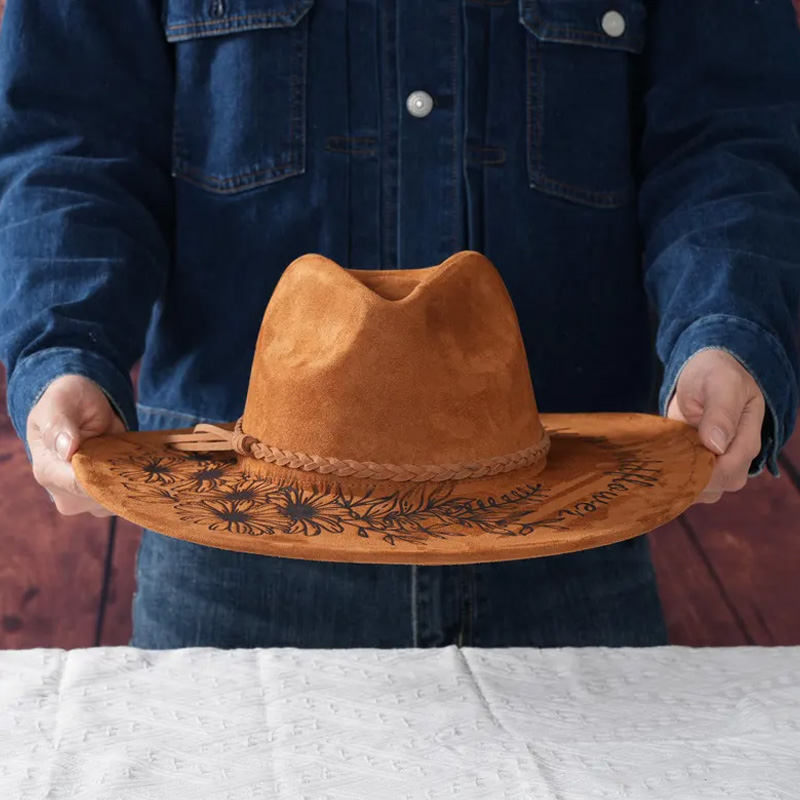 Personalized Vegan Suede Burned Hat Birth Month Floral Western Style Cowboy Cowgirl Hats She is a Wildflower Fedora Hat Wide Brim Hat Gifts for Equestrain Lovers